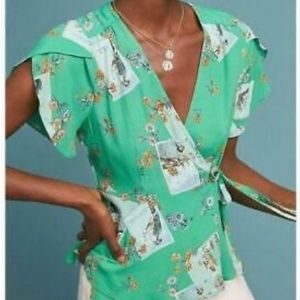 NWT Anthropologie Meadow Rue Green Floral Wrap Top